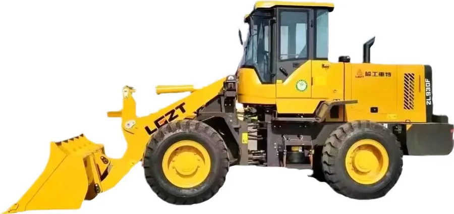 Yellow wheel loader with front bucket